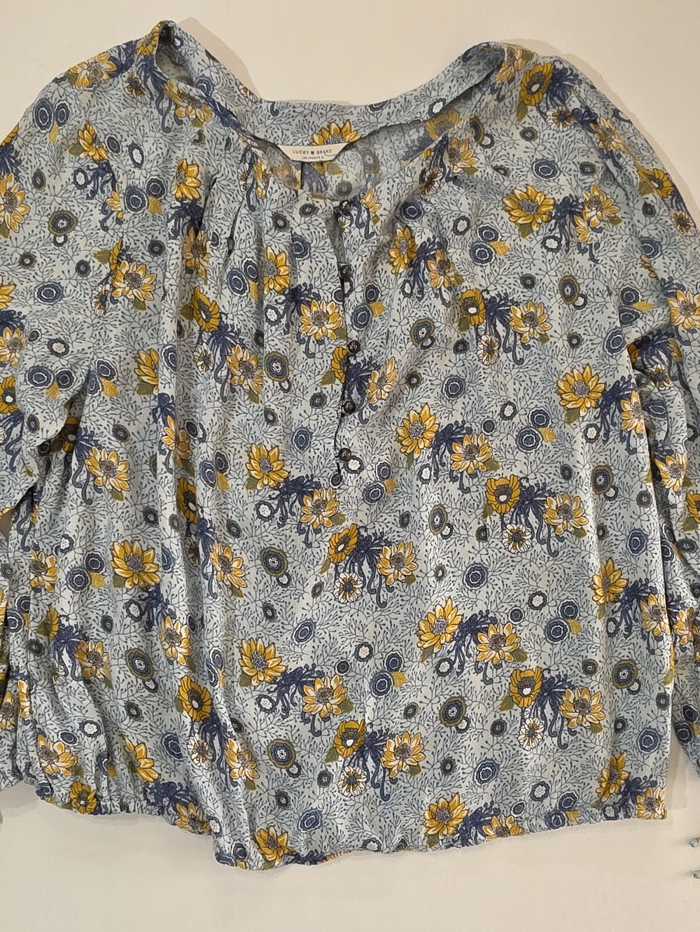 Lucky Brand Blouse Womens Blue Yellow Sunflower Floral Bubble Hem Peasant Boho